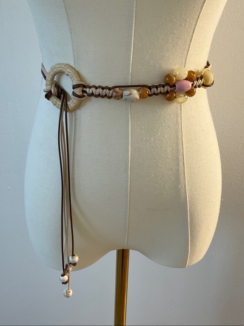 Brown Beaded Waist Belt with Cream Ring - Picture 1 of 8
